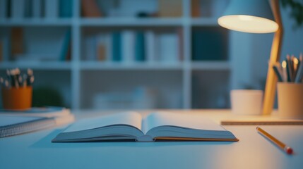 Obraz premium An open book sits on a well-lit study desk with a modern lamp and neatly arranged pencils, creating an inviting and focused atmosphere for reading and studying.