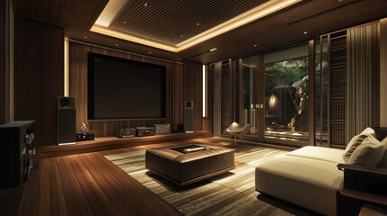 A modern home theater with a large screen, speakers, and a couch, with a view of a lush garden outside the large windows.