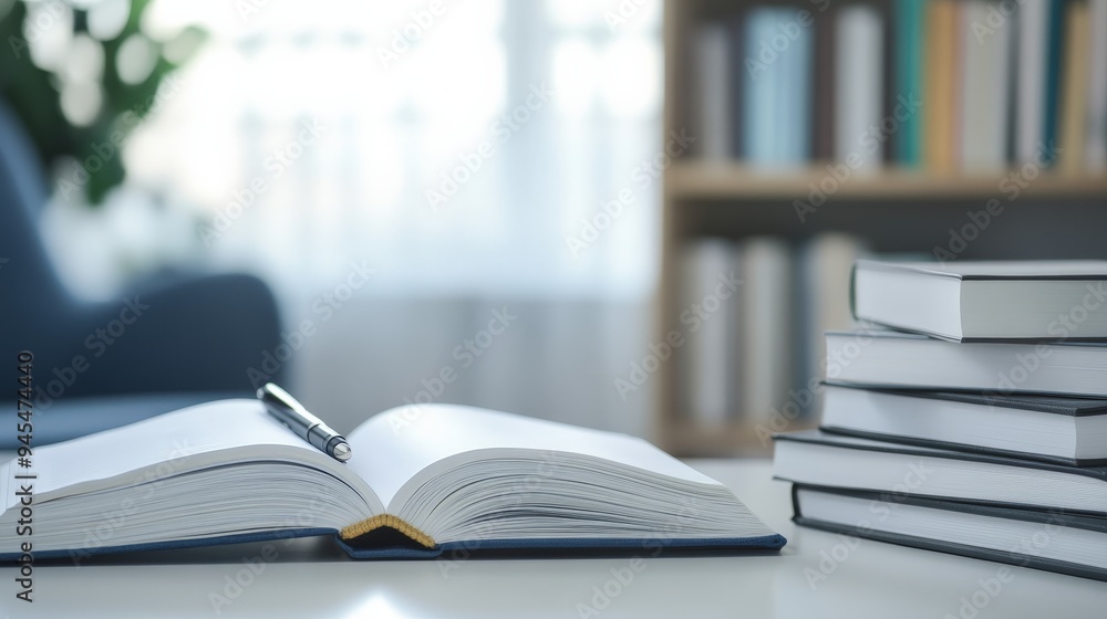 Poster A cozy library setting with an open book and pen on a table, surrounded by a stack of books and a bookshelf in the background, creating a warm academic atmosphere for reading.