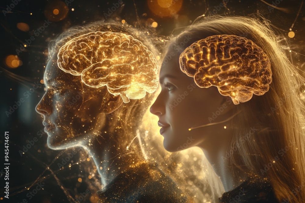 Poster golden dual brain connection between two women symbolizing cognitive synchronization emotional harmo