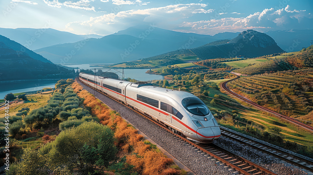 Poster an aerial view of a scenic landscape as a high-speed train passes through it. generative ai.