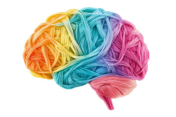 Human brain made of multi-colored tangled threads isolated on transparent background PNG, concept of neurodiversity and mental problems