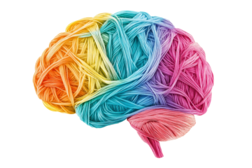 Human brain made of multi-colored tangled threads isolated on transparent background PNG, concept of neurodiversity and mental problems