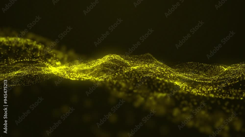 Poster digital waves of yellow particles create magical ripples. virtual reality cyberspace. creative soft 