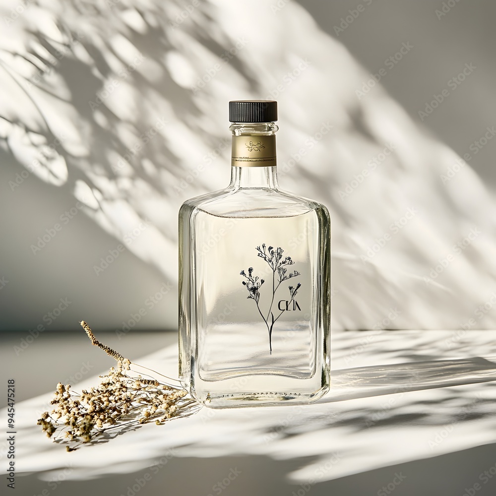 Poster finely crafted gin bottle prominently placed on a simple light colored backdrop creating a sophistic