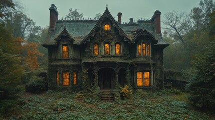 An Abandoned Victorian Mansion in a Misty Forest - Powered by Adobe