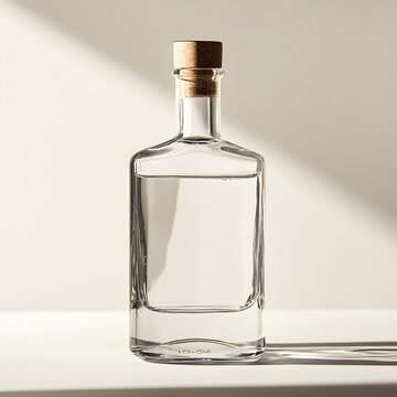 Elegant and sophisticated glass bottle of gin placed at the center of a plain white background perfect for high end branding packaging and product placement