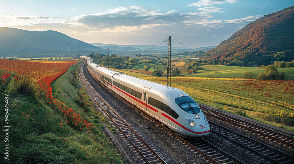 Poster an aerial view of a scenic landscape as a high-speed train passes through it. generative ai.
