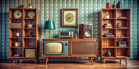 Retro-themed entertainment center featuring a vintage television set and old-fashioned radio, surrounded by vinyl records and cassette tapes, evoking nostalgia.