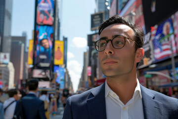 Fototapeta premium Businessman in Times Square on a Sunny Day