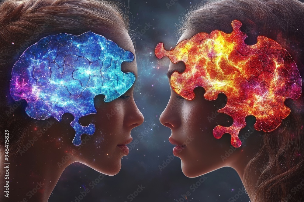 Poster dual brain puzzle with cosmic and fiery imagery illustrating the contrast between rational thought a