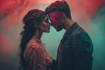 Romantic Couple Embracing with an Ethereal Glow Symbolizing Emotional Connection Intimacy and the Interplay Between Love and Cognitive Affinity