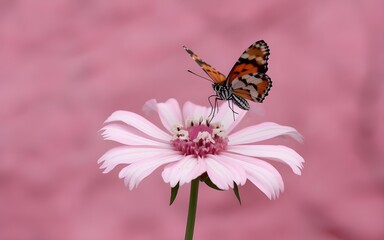Fototapeta premium Delicate Butterfly Hovering Over Pink Flower on Pink Background.