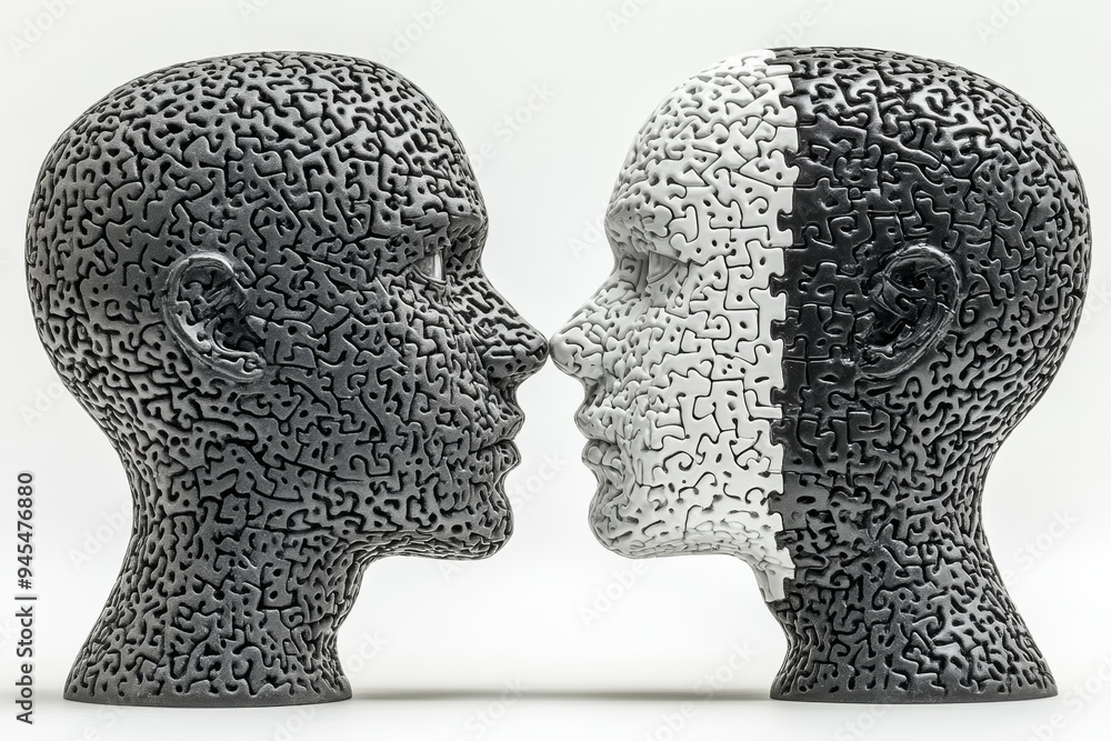Poster monochrome 3d puzzle heads facing each other depicting cognitive interaction emotional synchronizati