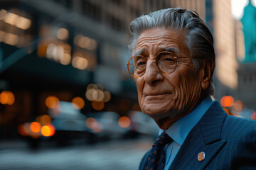 Obraz premium Elderly man in urban cityscape at dusk