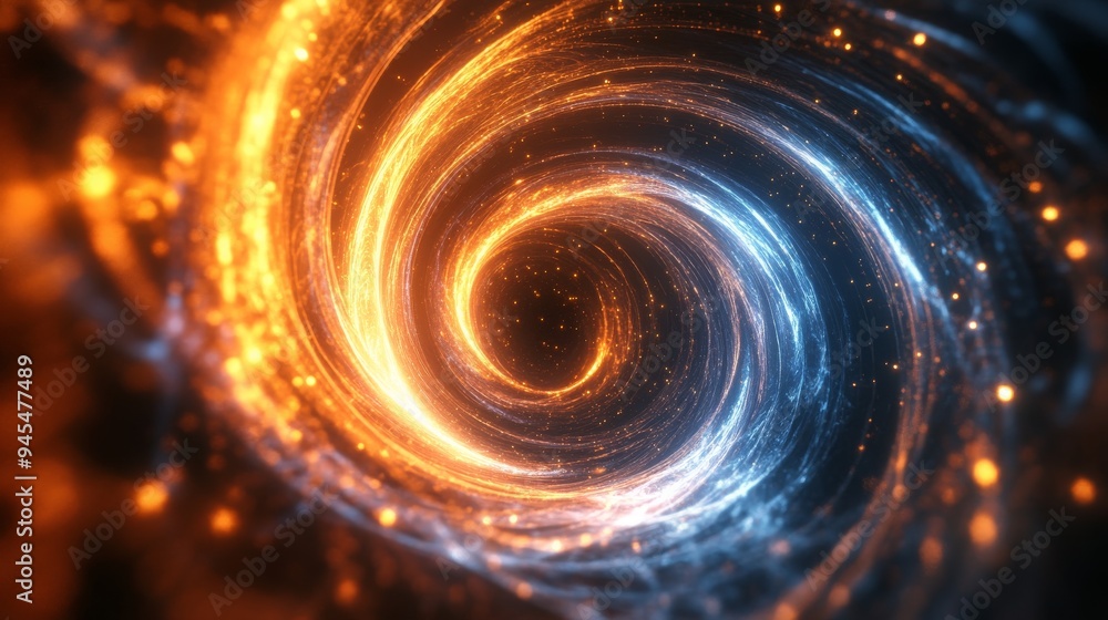 Poster A vibrant swirling vortex of light in an abstract space, depicting the dynamic energy and motion within the cosmos, highlighting the beauty and complexity of the universe.