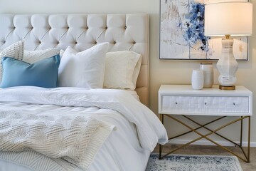 A modern bedroom with a king-sized bed, white bedding, and a nightstand with a lamp