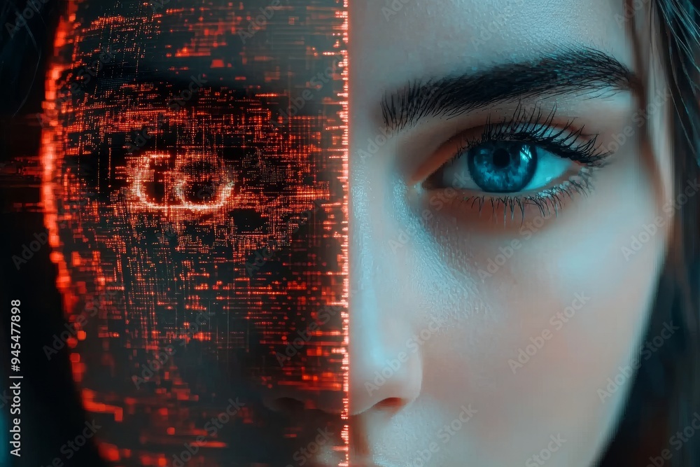 Poster cybernetic portrait of a woman with digital puzzle face symbolizing the intersection of human identi