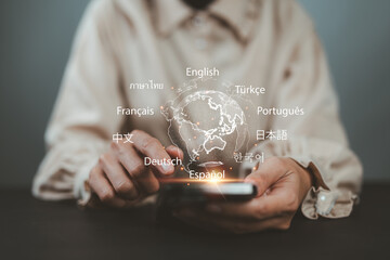 Language course and e-learning, Translator app, concept. Women use smartphone with Translator app,...