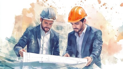 Architects Reviewing Construction Plans Watercolor Illustration