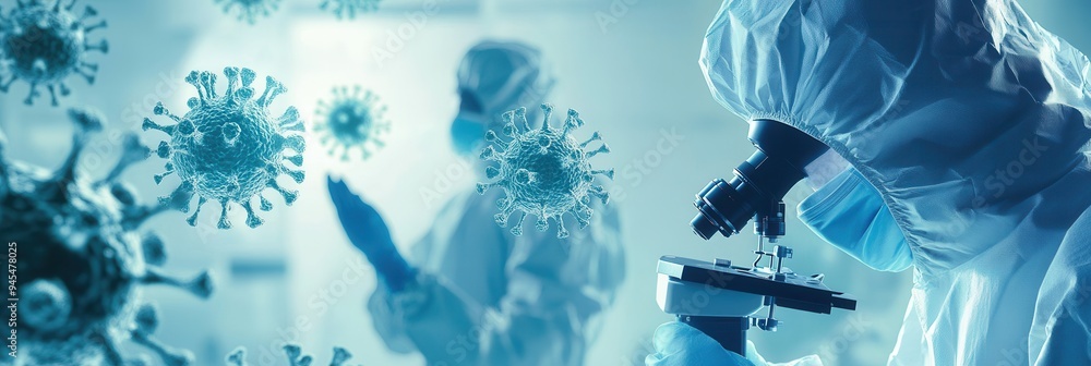 Poster medical professionals in protective suits analyze virus samples using a microscope, emphasizing impo
