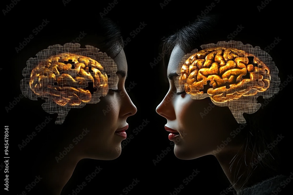 Poster abstract digital brain puzzle with blue and white colors illustrating the complexity of neural conne