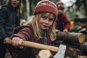 A focused young girl, dressed warmly in a beanie and coat, is diligently chopping wood in a forest. The background includes other children engaged in similar activities amid dense trees.