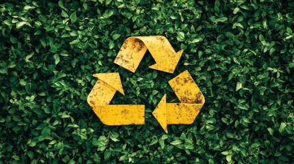 Yellow Recycle Symbol on Green Foliage.