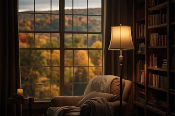 Fototapeta premium A comfortable chair sits by a window with views of fall foliage, a floor lamp providing warm light