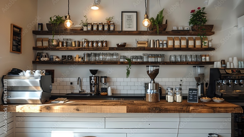 Poster coffee shop with some different height wooden accent shelves on white wall behind the counter. gener