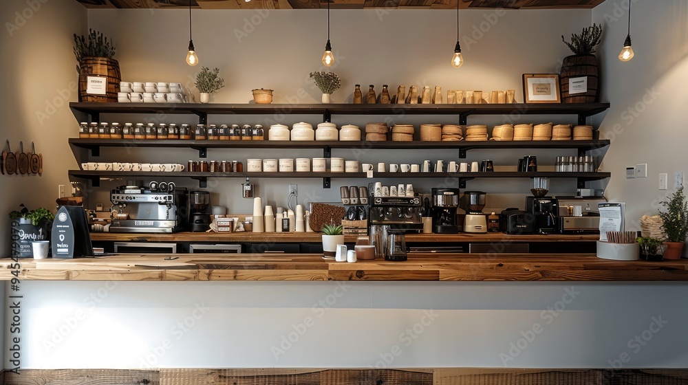 Poster coffee shop with some different height wooden accent shelves on white wall behind the counter. gener