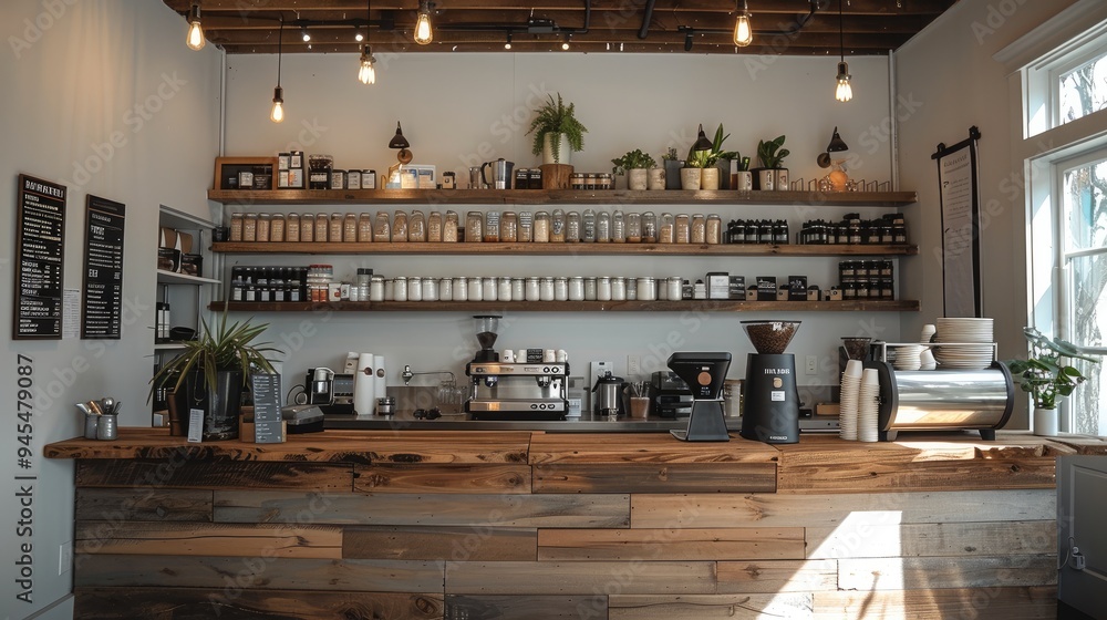 Poster coffee shop with some different height wooden accent shelves on white wall behind the counter. gener
