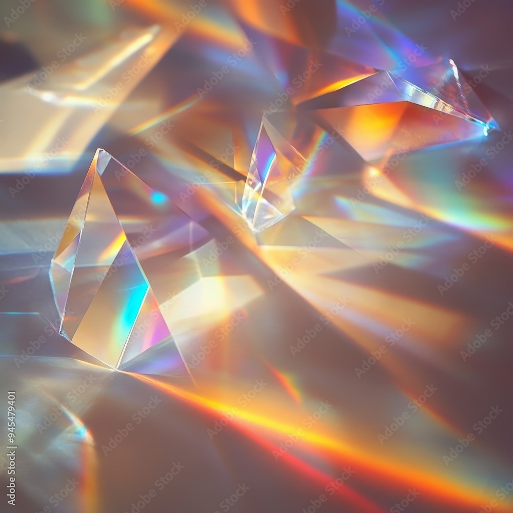 Leinwandbilder This image captures a scattering of prismatic light through clear geometric prisms, creating vibrant and colorful patterns on a soft background, evoking a sense of beauty and wonder.