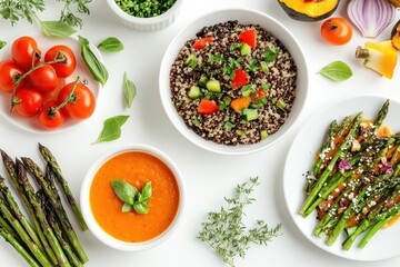 A vibrant assortment of healthy dishes featuring quinoa, vegetables, and sauces.