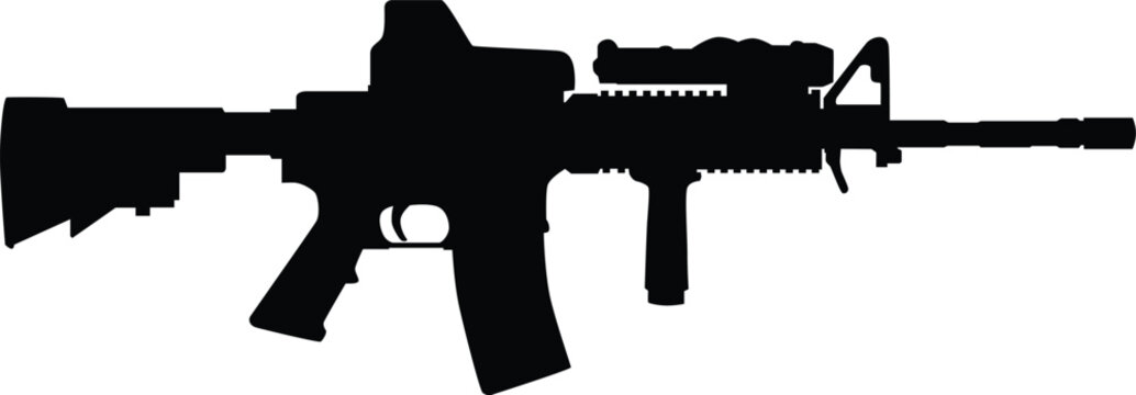 Assault rifle silhouette illustration. Army weapon for war in black color.