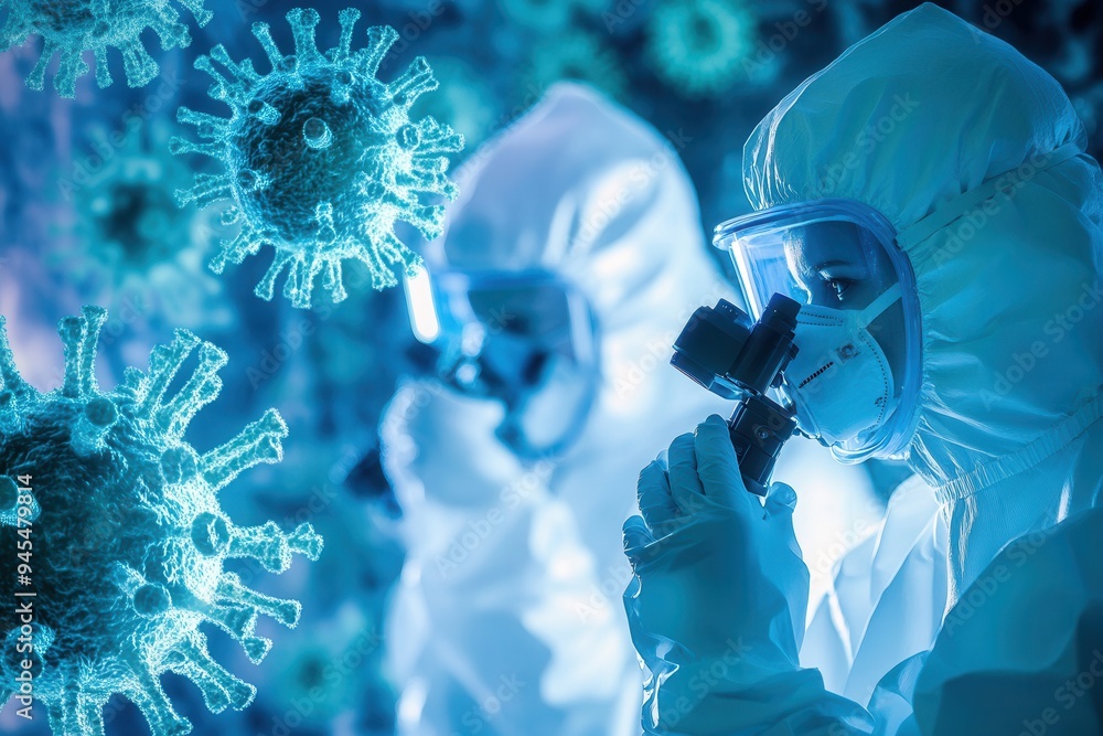 Leinwandbilder medical professionals in protective gear analyze viruses through a microscope while focusing on dise