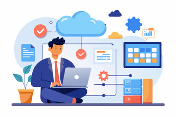 SaaS software as a service, cloud computing software for client subscription, internet web application online platform provider concept, businessman working with computer laptop on SaaS screen
