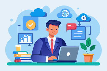 SaaS software as a service, cloud computing software for client subscription, internet web application online platform provider concept, businessman working with computer laptop on SaaS screen
