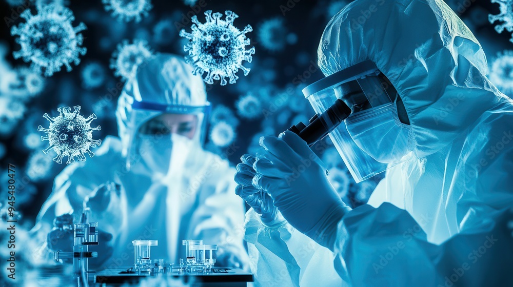 Aufkleber medical professionals in protective suits analyze viruses through a microscope, focusing on disease 