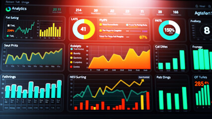 A stylized data dashboard interface with graphs, charts, and analytics metrics