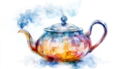 Watercolor Illustration of a Kettle with Steam