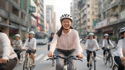 Obraz premium A group of asian girls ride their bikes on the street