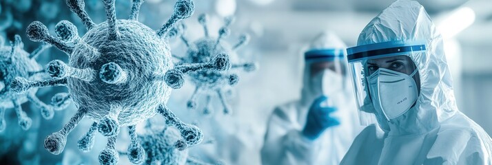 Medical professionals in protective gear examine viruses under a microscope, focusing on crucial disease control measures in a laboratory environment. Generative AI