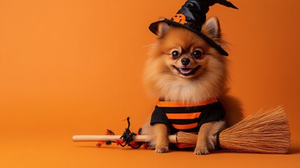 A fluffy Pomeranian in a black and orange striped outfit, posed with a broomstick and a witch hat on an orange backdrop with room for text