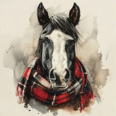 Watercolour style Christmas theme illustration of a white horse with a tartan scarf round its neck. Great for social media and greeting cards	