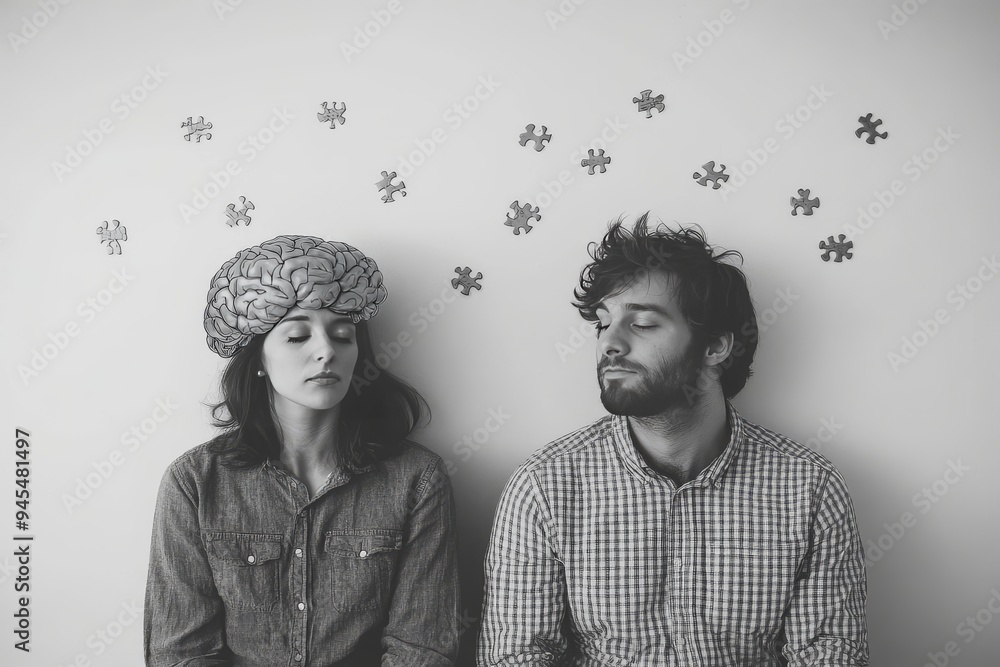 Poster black and white portrait of a couple with puzzle elements depicting cognitive connection emotional i