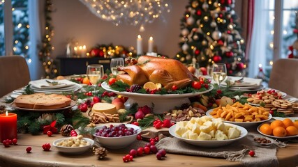 Naklejka premium Christmas dinner table laden with food and snacks, decorated for the New Year with a background of a Christmas tree.