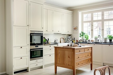 Fototapeta premium A modern kitchen with white cabinets and a large wooden island. The room has a large window with natural light streaming in