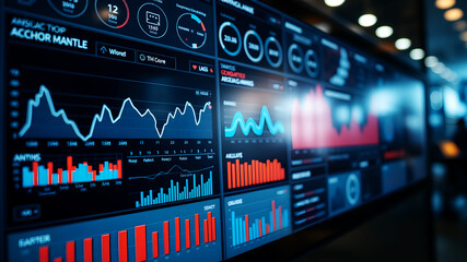 A stylized data dashboard interface with graphs, charts, and analytics metrics
