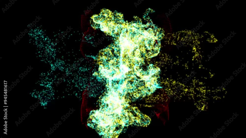Poster abstract fluid collision blue and yellow animation on a black background. yellow and blue particles 